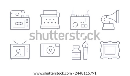 Retro icons. Editable stroke. Containing walkman, radio, television, inkpen, typewriter, camera, phonograph, frame.