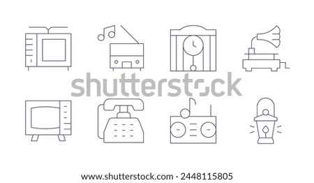 Retro icons. Editable stroke. Containing music, television, clock, radio, phone, lantern, gramophone.