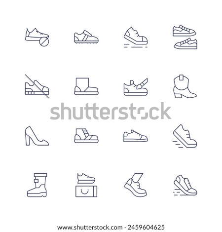 Shoes icon set. Thin line icon. Editable stroke. Containing shoesoff, shoes, shoppingbag, noshoes, walking, boot, highheels, soccer, walk, running.