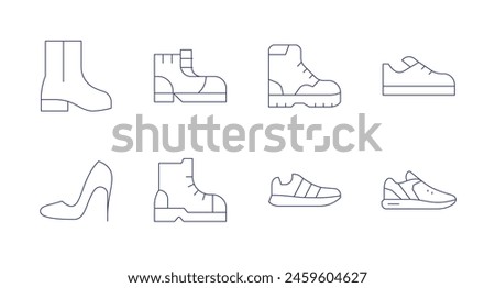 Shoes icons. Editable stroke. Containing boots, womenshoes, runningshoes, boot, sneakers, shoes.