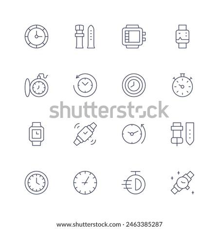Watches icon set. Thin line icon. Editable stroke. Containing clock, time, stopwatch, smartwatch, divecomputer, wristwatch, returntothepast, pocketwatch, strap.