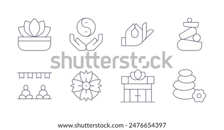 Meditation icons. Editable stroke. Containing internationaldayofyoga, lotus, mandala, meditation, mudra, yoga, zen.