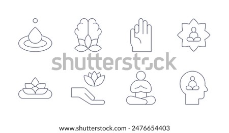 Meditation icons. Editable stroke. Containing drop, lotus, meditation, mentalbalance, mudra, physicalwellbeing, posture, yoga.