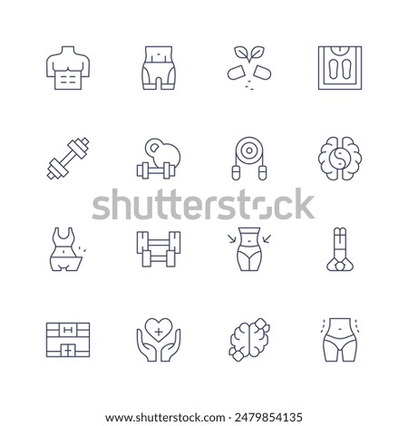 Wellness icon set. Thin line icon. Editable stroke. Containing abs, barbell, diet, dumbbell, dumbell, fit, gym, healthcare, mindfulness, pills, slimbody.