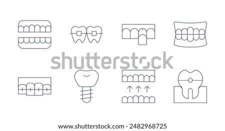 Orthodontics icons. Editable stroke. Containing braces, dentalimplant, denture, teeth, tooth.