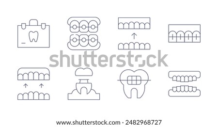 Orthodontics icons. Editable stroke. Containing braces, brackets, denture, implant, orthodontic, suitcase, teeth.