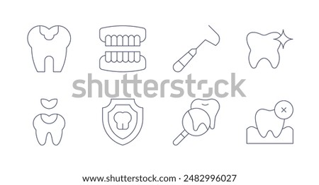 Dentist icons. Editable stroke. Containing caries, dentalfilling, dentalinsurance, denture, magnifyingglass, periodontalscaler, tooth.