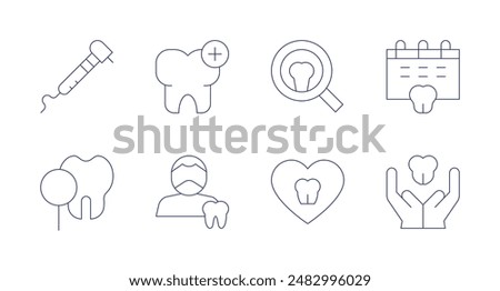 Dentist icons. Editable stroke. Containing caries, dentaldrill, dentist, healthcare, magnifyingglass, schedule, tooth.