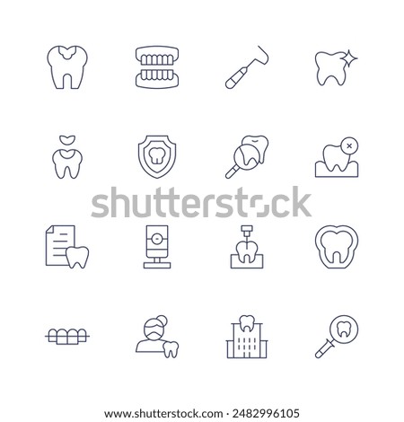 Dentist icon set. Thin line icon. Editable stroke. Containing caries, dentalfilling, dentalinsurance, denture, magnifyingglass, periodontalscaler, tooth.