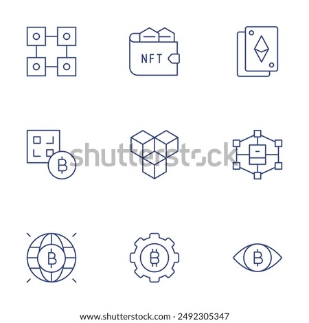 Blockchain icons set. Thin Line icons, editable stroke. bitcoin, blockchain, qr code, cards, eye, nft, settings, wallet.