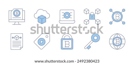 Blockchain icons. Line Duotone style, editable stroke. bitcoin, laptop, lock, padlock, blockchain, world, price, cloud computing, key.