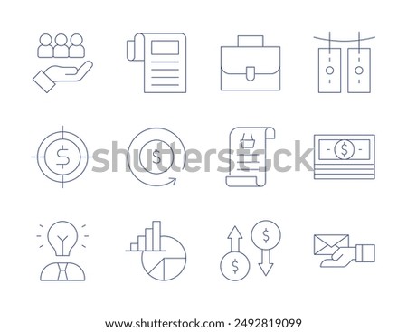 Business icons. Thin Line style, editable stroke. target, profits, briefcase, bill, bank, money, pioneer, pie chart, report, refresh.