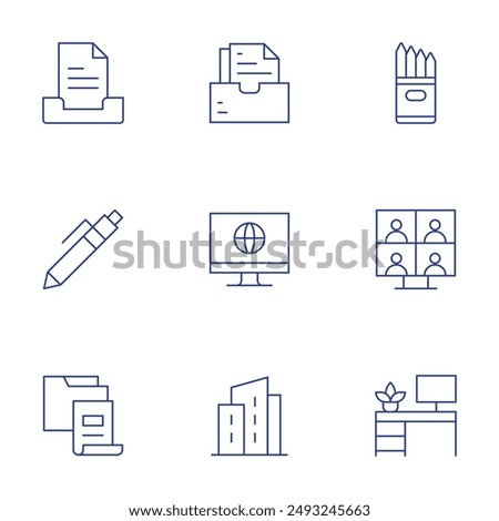 Office icons set. Thin Line style, editable stroke. pencilcase, folder, building, pen, files, computer, videoconference, inbox, work space.