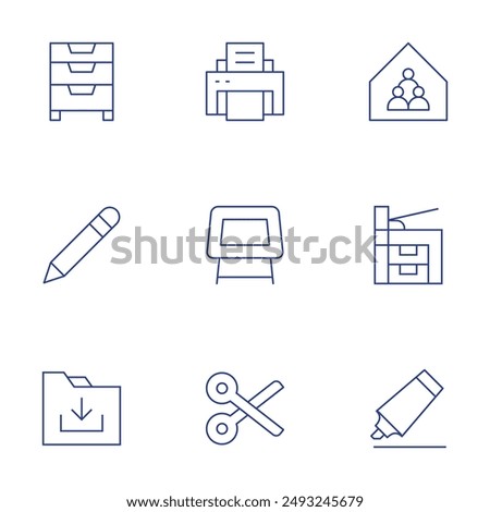 Office icons set. Thin Line style, editable stroke. table, pencil, download, marker, drawers, print, scissors, office, printer.