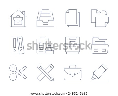 Office icons. Thin Line style, editable stroke. file, briefcase, folder, marker, home, office syndrome, scissors, pencil, paper.