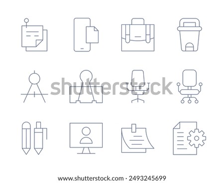 Office icons. Thin Line style, editable stroke. sticky note, pen, file, bin, chair, paper clip, compass, notes, online, document, briefcase.