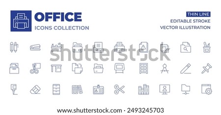 Office icons collection. Thin Line icons, editable stroke. table, folder, rubber, scissors, glue, file, drawer, cabinet, id card, desk, storage box, folders, binder.