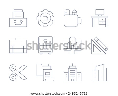 Office icons. Thin Line style, editable stroke. workspace, scissors, briefcase, corporate, folder, office, drawer, building, pencil, filling cabinet, pencil box, gear.