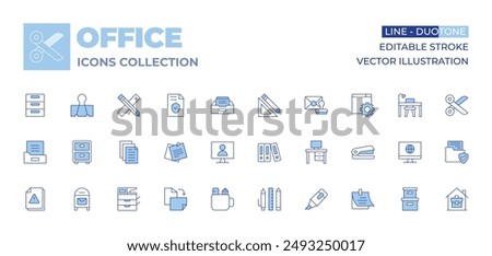 Office icons collection. Line Duotone style, editable stroke. workspace, sticky note, scissors, documents, highlighter, settings, home, computer, cardboard, stapler, desk, mail.