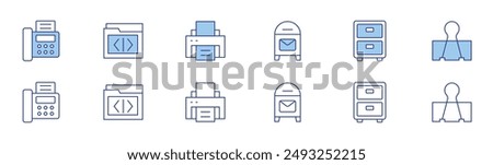 Office icon set in two styles, Duotone and Thin Line style. Editable stroke. post office, filling cabinet, fax, folder, printer, paper clip.