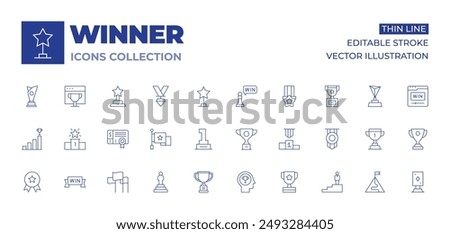 Winner icons collection. Thin Line icons, editable stroke. award, competition, medal, mission, podium, trophy, win, winner, cheque, flag, flags, leadership, star.