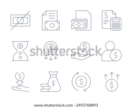 Money icons. Thin Line style, editable stroke. money, calculator, employee, increase, business, cost, money bag, charity, currency, no, time is money, expense.