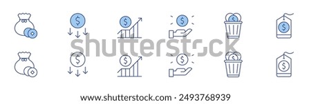 Money icon set in two styles, Duotone and Thin Line style. Editable stroke. money, price tag, stock, money bag, increase, money waste.