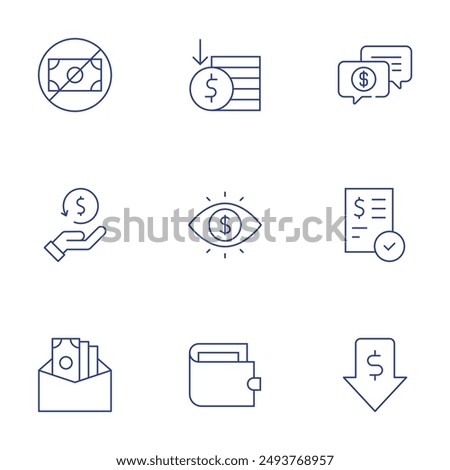 Money icons set. Thin Line style, editable stroke. no money, support, cashback, bank check, bribe, low price, money, eye, wallet.