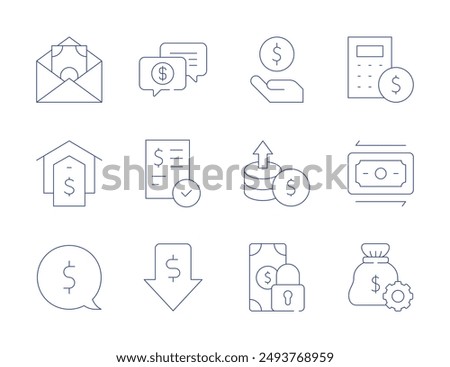 Money icons. Thin Line style, editable stroke. money, increase, debt, support, bank check, low price, house, calculator, money transfer, money talk.