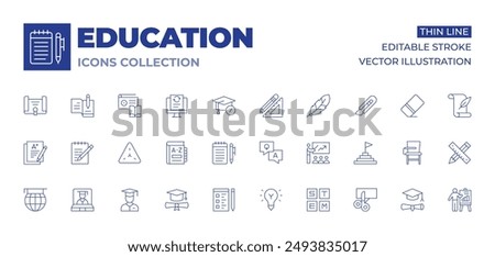 Education icons collection. Thin Line icons, editable stroke. qa, dictionary, idea, online education, note, graduate, exam, diary, triangle, student, education.