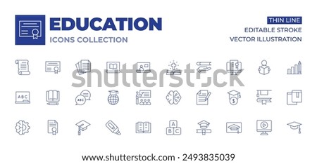 Education icons collection. Thin Line icons, editable stroke. graduation cap, brain, books, abc block, online education, loan, video, study, file, diploma, teaching, reading.