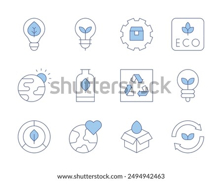 Ecology icons. Line Duotone style, editable stroke. ecology, box, eco light, eco, eco friendly, packaging, greenhouse effect, supply, recycle, light bulb.