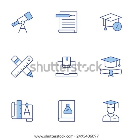 Education icons set. Line Duotone style, editable stroke. writing, science book, graduate, education, student, telescope, ruler, compass, elearning.