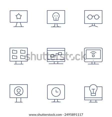 Computer screen icons set. Thin Line style, editable stroke. idea, share, reading mode, tv, computer.