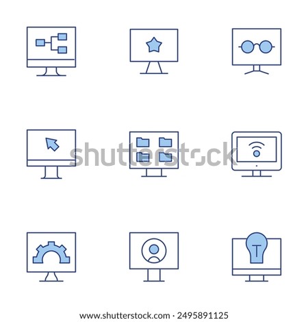 Computer screen icons set. Line Duotone style, editable stroke. idea, settings, share, reading mode, screen, computer.