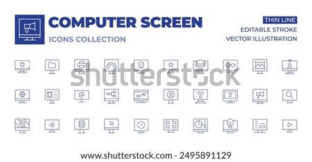 Computer screen icons collection. Thin Line icons, editable stroke. idea, settings, share, reading mode, computer, tv, screen, arroba, search, loading, video call, watching tv, layers.