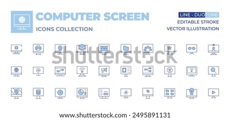 Computer screen icons collection. Line Duotone style, editable stroke. idea, settings, share, reading mode, computer, tv, screen, arroba, search, loading, video call, watching tv, layers.