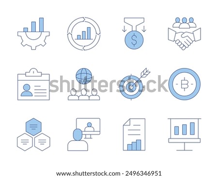 Business icons. Line Duotone style, editable stroke. growth, improvement, funnel, diagram, global, id card, money, graphic, online conference, handshake.