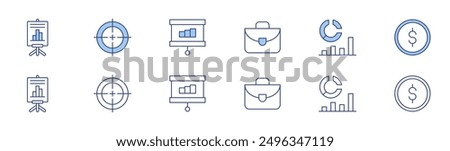 Business icon set in two styles, Duotone and Thin Line style. Editable stroke. analysis, target, money, statistics, briefcase, training.