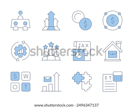 Business icons. Line Duotone style, editable stroke. teamwork, tax, continuous, work from home, stats, puzzle, accounting, swot analysis.