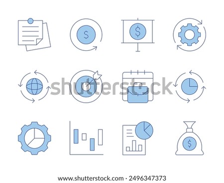 Business icons. Line Duotone style, editable stroke. goal, briefcase, pie chart, process, bar chart, money bag, report, development, notes, motivation, refresh.