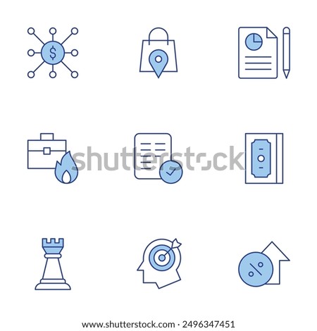 Business icons set. Line Duotone style, editable stroke. target, accept, shopping bag, money, report, rate, work, viral marketing, tower.