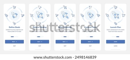 Rocket Onboarding Screen Mobile Application. Define Goals, Secure Funding, Select Materials, Conduct Tests, Launch Plan.