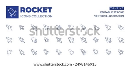 Rocket icons collection. Thin Line icons, editable stroke. startup, start up, spaceship, space shuttle, rocket launch, rocket.