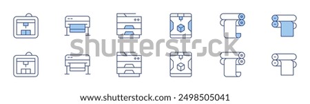 Printer icon set in two styles, Duotone and Thin Line style. Editable stroke. cloud printing, mobile printing, print server, duplex printing, print queue, ink cartridge.