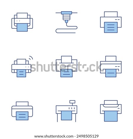 Printer icons set. Line Duotone style, editable stroke. print security, print preview, bone, add, print badge.