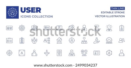 User icons collection. Thin Line icons, editable stroke. login, laptop, humanitarian, human, house, first, filter, file, membership, management, id card, focus.