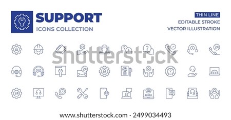 Support icons collection. Thin Line icons, editable stroke. service, maintenance, mail, laptop, hands, gear, hours support, settings, online, online support, management, headphone.