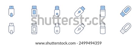 Usb flash drive icon set in two styles, Duotone and Thin Line style. Editable stroke. cloud storage, drive for iPhone, bootable drive, dual drive, read-only.