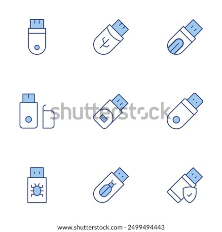 Usb flash drive icons set. Line Duotone style, editable stroke. cloud storage, USB bootable drive, rugged USB drive.